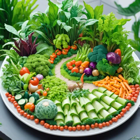 A jungle made of vegetables, On a plate, Colorful vegetables, Miniature Jungle,  adventure, surprise, curiosity, On a plateの野菜のみを描く:1.2, Shallow depth of field, Cinematic lighting effects,  (Highest quality, High Detail, masterpiece:1.2, Best aesthetics), 