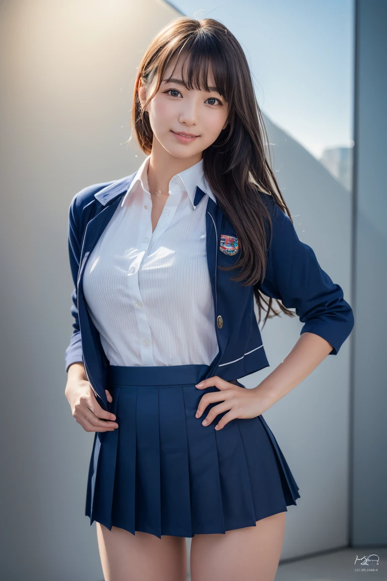 ((school uniform)),ribbon at neck,(school uniform and ((navy skirt)) and white shirt:1.1), Skin color, big , smile, (8k, RAW Photos, Highest quality, masterpiece:1.2), masterpiece, super detailed, super high quality, (Realistic and Realistic photography:1. 37), High-resolution RAW color photos, Very delicate and beautiful, highly detailed, 8k壁紙, wonderful, detailed, Very eye, very detailed, very detailed skin, very thin fingers, very detailed nose, very detailed mouth, Perfect Anatomy, Upper Body, studio, Soft lighting, A full-body shot of a cute idol wearing a one-piece swimsuit, Playful pose, Hands on hips, smile, Pastel Background, Realistic, Attention to detail, studio photography