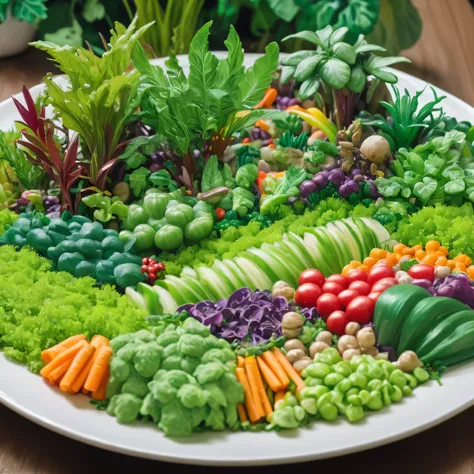 A jungle made of vegetables, On a plate, Colorful vegetables, Miniature Jungle,  adventure, surprise, curiosity, On a plateの野菜のみを描く:1.2, Shallow depth of field, Cinematic lighting effects,  (Highest quality, High Detail, masterpiece:1.2, Best aesthetics), 