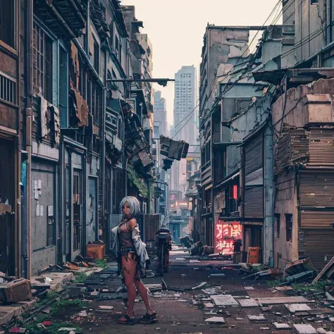 girl in torn clothes, panties are slightly visible, crouching near an alley, in a dark and destroyed city, with a touch of light...