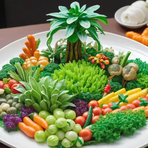 A jungle made of vegetables, On a plate, Colorful vegetables, Miniature Jungle,  adventure, surprise, curiosity, On a plateの野菜のみを描く:1.2, Shallow depth of field, Cinematic lighting effects,  (Highest quality, High Detail, masterpiece:1.2, Best aesthetics), 