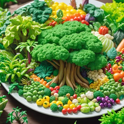 A jungle made of vegetables, On a plate, Colorful vegetables, Miniature Jungle,  adventure, surprise, curiosity, On a plateの野菜のみを描く:1.2, Shallow depth of field, Cinematic lighting effects,  (Highest quality, High Detail, masterpiece:1.2, Best aesthetics), 