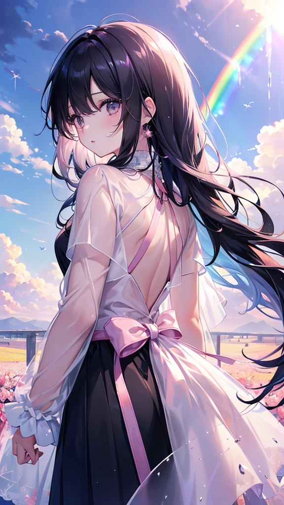 ((high school girl)), (Highest quality、masterpiece、Super fine、Super fine、Exquisite、16k、Full HD) 、((Back view)) 、 ((Sky after rain、a rainbow appears)),Black Hair,Soft sunlight、((Clear skies)) 、Black Eyes、Long eyelashes、White skin、Pale pink lips、(Pale pink cheeks、thin and long)、