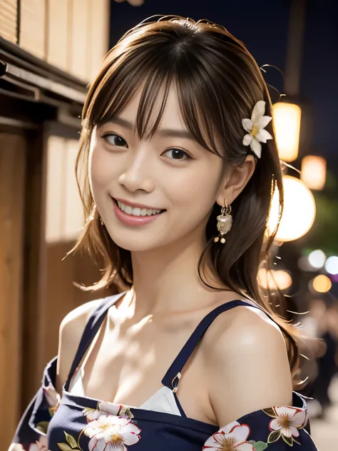 Photorealistic, Ultra-detailed, (Best Quality, 8K, 32K, masterpiece, UHD:1.2), Photo of 22yo pretty Japanese woman, magic wand, solo, bare shoulder, small breasts, Japanese clothes, yukata, brown hair, real life insert, smile, hair ornament, voice actor, grin, floral pattern yukata, night festival, (face close-up:1.2),