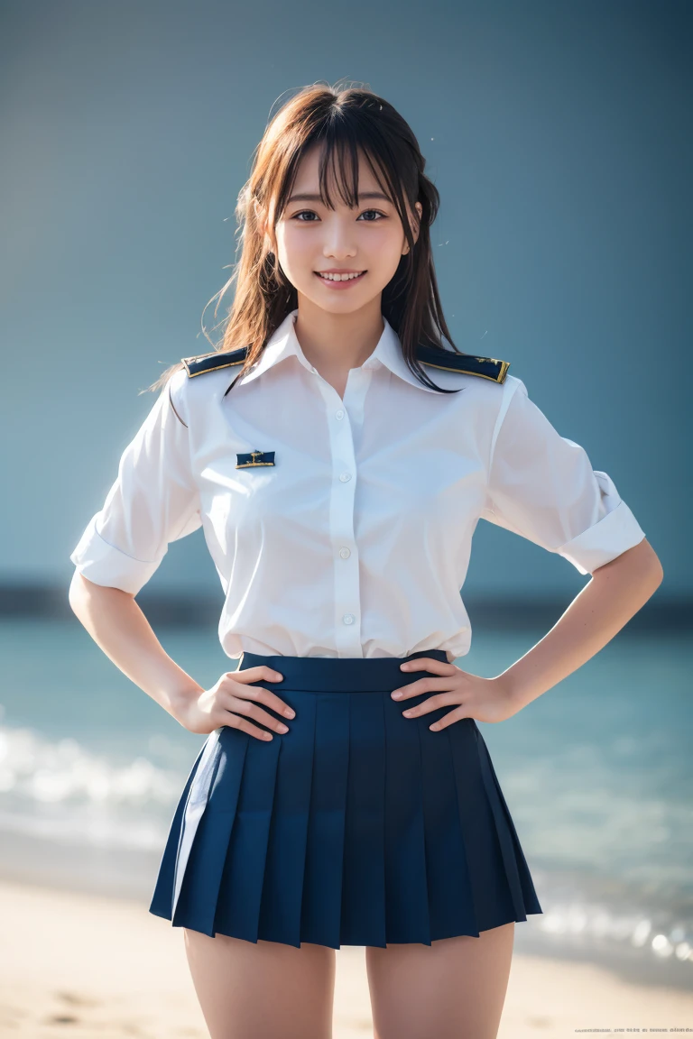 ((school uniform)),ribbon at neck,(school uniform and ((navy skirt)) and white shirt:1.1), Skin color, big , smile, (8k, RAW Photos, Highest quality, masterpiece:1.2), masterpiece, super detailed, super high quality, (Realistic and Realistic photography:1. 37), High-resolution RAW color photos, Very delicate and beautiful, highly detailed, 8k壁紙, wonderful, detailed, Very eye, very detailed, very detailed skin, very thin fingers, very detailed nose, very detailed mouth, Perfect Anatomy, Upper Body, studio, Soft lighting, A full-body shot of a cute idol wearing a one-piece swimsuit, Playful pose, Hands on hips, smile, Pastel Background, Realistic, Attention to detail, studio photography