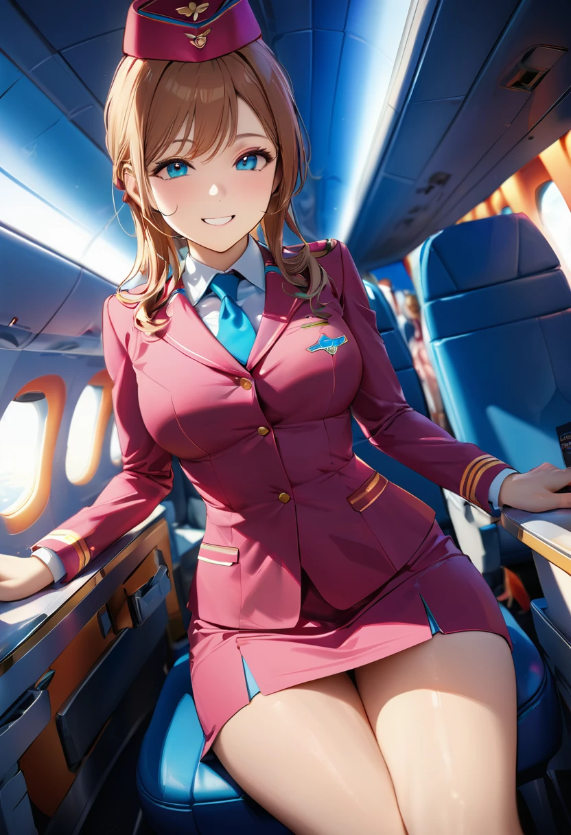 masterpiece,Highest quality,Super detailed,8k,Ultra-fine illustrations,Very exquisite beautiful face and eyes,Perfect Anatomy,Professional Lighting,1 flight attendant,Miniskirt and boots uniform,Orange and pink dress,smile,Airplane interior,Dynamic Angle,Depth of written boundary,Chromatic_aberration,masterpiece,Highest quality,so beautiful,Absurd,up to date,