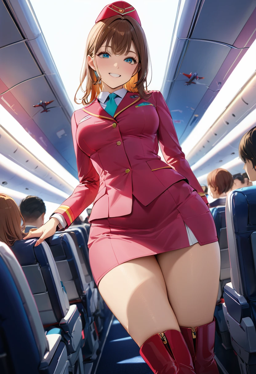 masterpiece,Highest quality,Super detailed,8k,Ultra-fine illustrations,Very exquisite beautiful face and eyes,Perfect Anatomy,Professional Lighting,1 flight attendant,Miniskirt and boots uniform,Orange and pink dress,smile,Airplane interior,Dynamic Angle,Depth of written boundary,Chromatic_aberration,masterpiece,Highest quality,so beautiful,Absurd,up to date,