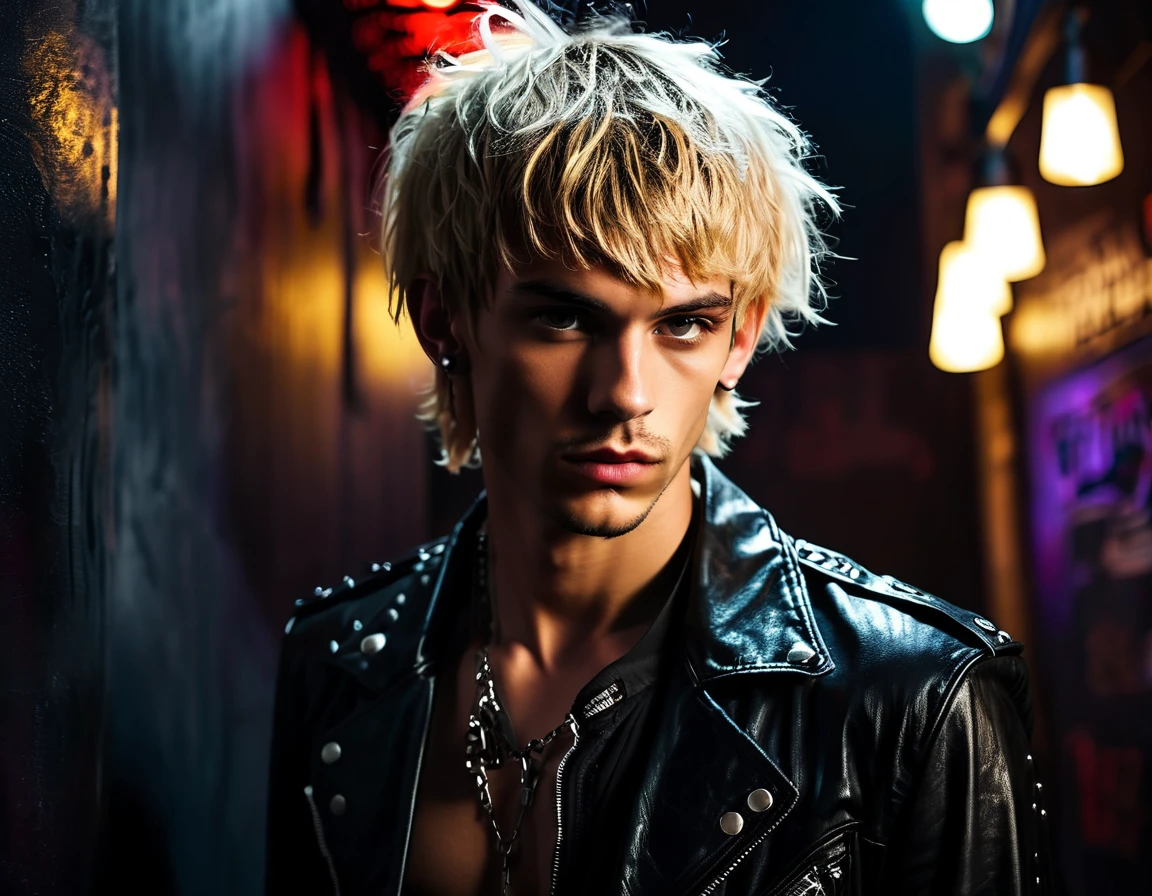 Realistic, looking at camera, Caucasian white, male, 22 years old, attractive, model (skinny:1.3), demon, incubus, night club, (short textured messy blond hair with fringe:1.5), (black leather jacket:1.3), darkness, BDSM club background, gothic punk attire, heavy punk eyeshadow, evil, darkness, dark, full 16k, sexy