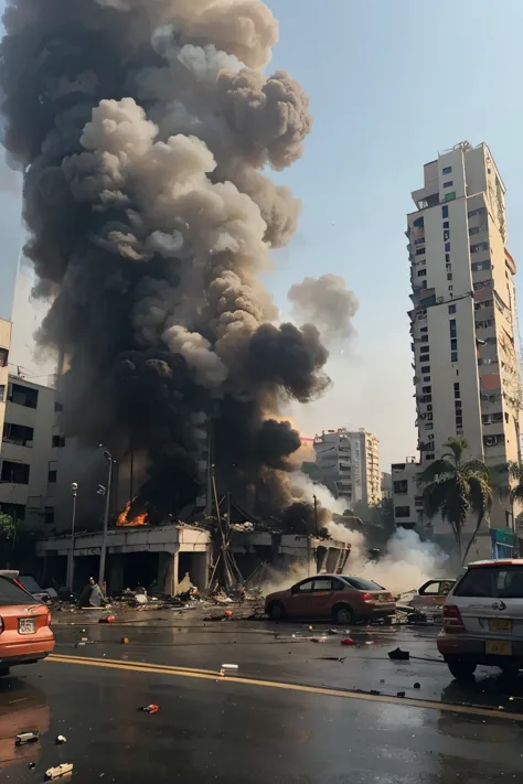 khung cảnh hoang tàn, smoke, fire, burning car, High-rise buildings collapsed
