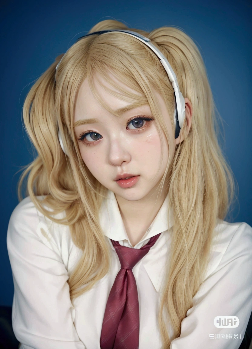 blond haired girl with headphones and a tie posing for a picture, portrait of kim petras, a hyperrealistic , hyperrealistic , anime girl in real life, hyper realistic anime, belle delphine, anime inspired, anime girl cosplay, ahegao face, misa amane *, junko enoshima from danganronpa, anime realism style