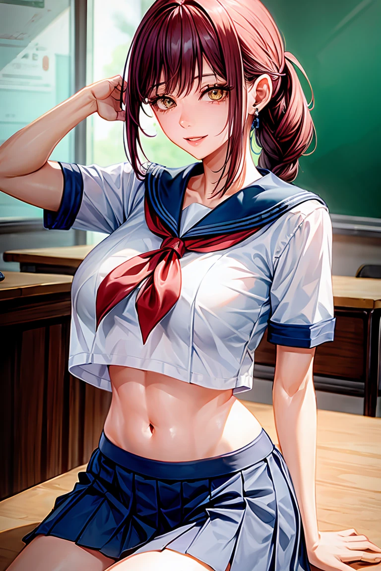 Makima (Chainsaw Man), woman, sexy woman, mature female, mommy, sharp eyes, detailed lips, big breast, short sleeves sailor uniform, sexy sit, classroom, teasing smile, seductive lips, adjusting hair, short skirt, hunter eyes, looking back, midriff peek, earrings , high pony tail 