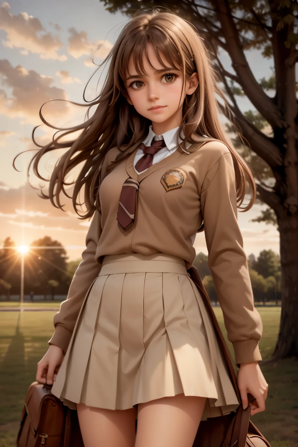 Shana, 1girl, solo, tree, sky, outdoors, skirt, cloud, brown, hair, sunset, lens, flare, scenery, school, uniform, sun, wind, long, sleeves, 