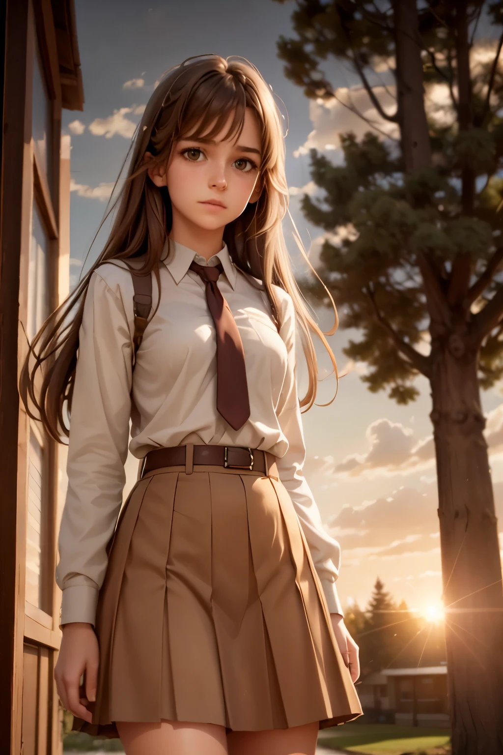 Shana, 1girl, solo, tree, sky, outdoors, skirt, cloud, brown, hair, sunset, lens, flare, scenery, school, uniform, sun, wind, long, sleeves, 