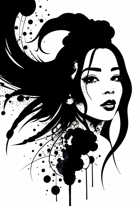 monochrome, ink sketch, one person、 (abstract ink splashes:1.2), white background、reggae、woman、black