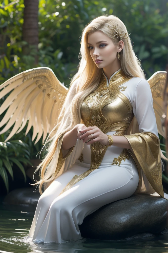 A hyper-realistic low-angle photograph, a masterpiece of the highest quality, currently trending on ArtStation. It features a Thai-European woman with long blonde hair, detailed eyes, heavy eye makeup, and mascara. Her hair is finely detailed, and her skin has a glossy sheen, with an emphasis on her face. She is wearing a traditional Thai outfit with wings, playing in the water on a rock.

The background showcases a sparkling golden waterfall with beautiful, colorful wildlife.