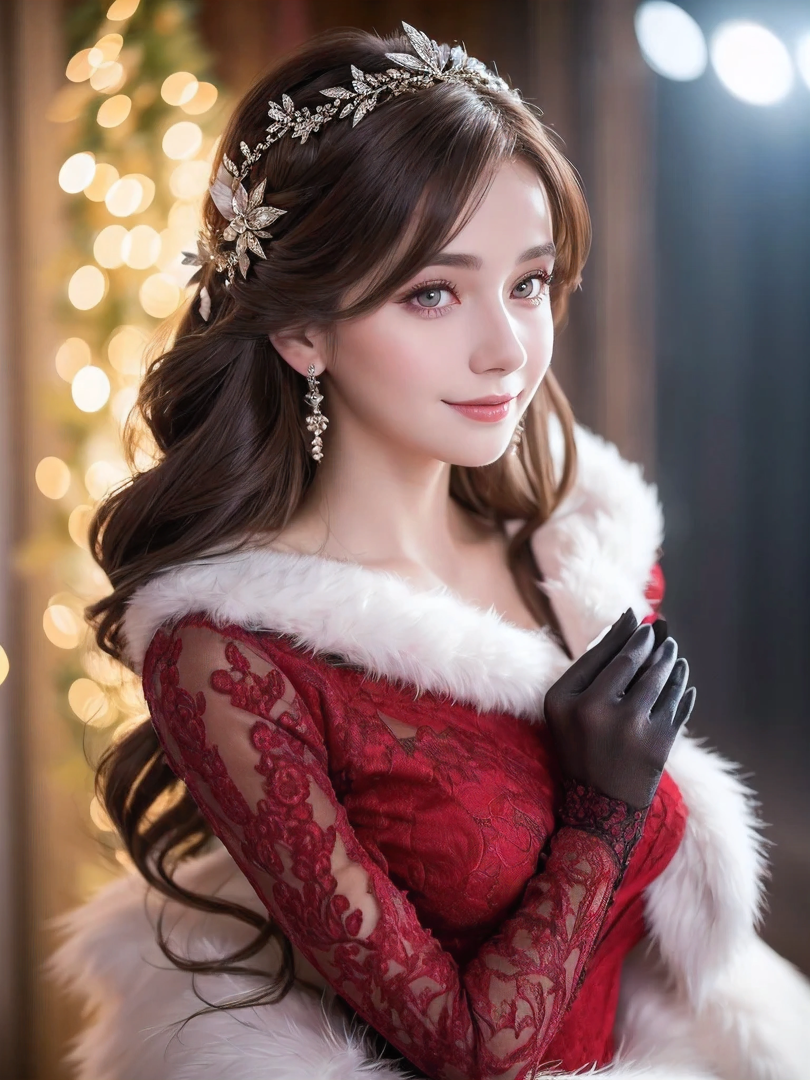 A stunning portrait of Anna Dittman-like beauty, dressed in a fitted red and white dress with fur trim, wide sleeves, and gloves, set against a darker bokeh background. Her long ash-brown hair cascades down her back as she gazes directly at the viewer with a captivating smile (1, 4). Her realistic violet eyes sparkle with intrigue. The focus is sharp, highlighting the intricate details of her outfit, from the delicate patterns to the subtle texture of the fur trim. A stunning example of hyper-detailed close-up photography.