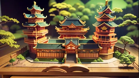 （Pop-up Books：1.5），（Japanese Castle），（Colorful、Highest quality、Attention to detail、masterpiece、Folk art、Cinematic Lighting Effects、4K、Chiaroscuro）