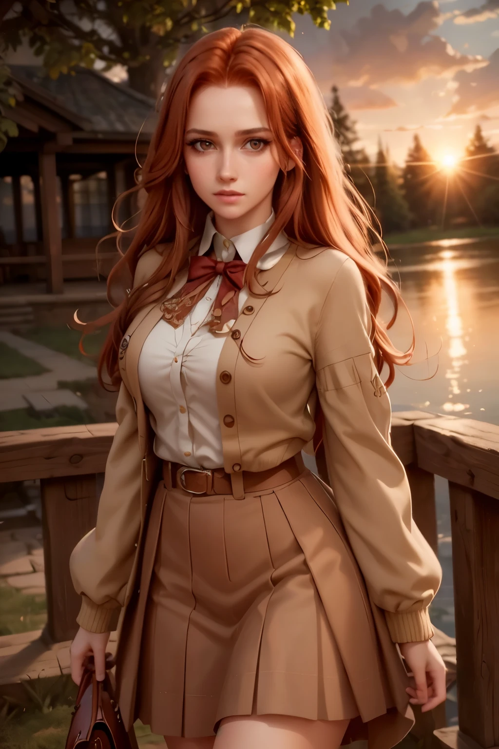 a beautiful girl with fiery red hair, piercing golden eyes, gorgeous detailed face, long eyelashes, portrait, detailed facial features, realistic, photorealistic, 8k, best quality, masterpiece, extremely detailed, high quality, fantasy, anime, magical girl,  tree, sky, outdoors, skirt, cloud, sunset, lens, flare, scenery