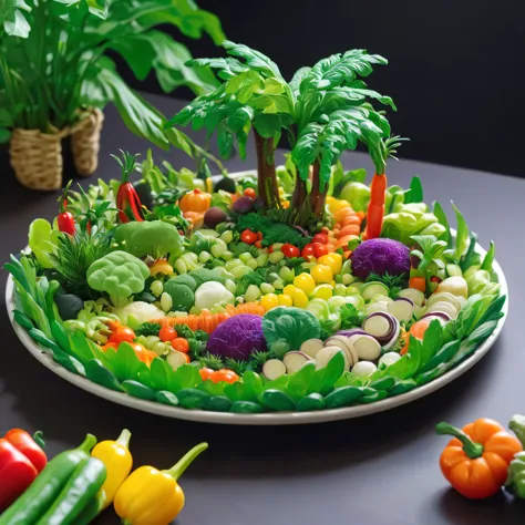 A jungle made of vegetables, On a plate, Colorful vegetables, Miniature Jungle,  adventure, surprise, curiosity, On a plateの野菜のみを描く:1.2, Shallow depth of field, Cinematic lighting effects,  (Highest quality, High Detail, masterpiece:1.2, Best aesthetics), 