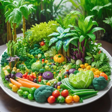 A jungle made of vegetables, On a plate, Colorful vegetables, Miniature Jungle,  adventure, surprise, curiosity, On a plateの野菜のみを描く:1.2, Shallow depth of field, Cinematic lighting effects,  (Highest quality, High Detail, masterpiece:1.2, Best aesthetics), 