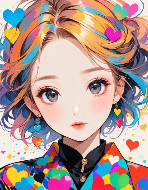 Mika Pikazo colorful style, Simple Line Initialism，Abstract art，Urban Background, (((The most beautiful girl of all time))), black eyes, Sweet face. Lips in love, colorful hearts, stylish design, black eyes, Front face