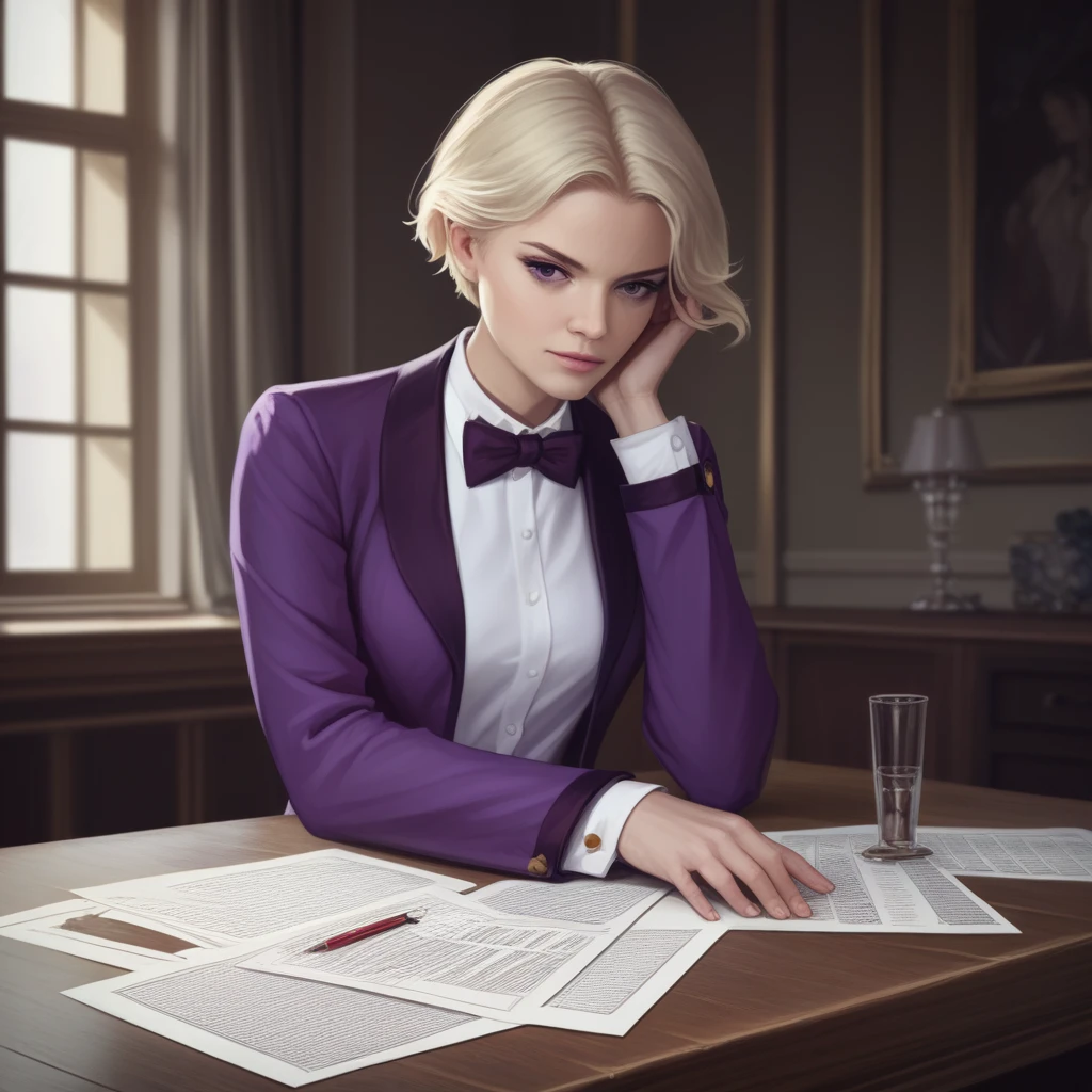 Realistic, score_9, score_8_superior, score_7_superior, score_6_superior, score_5_superior, score_4_superior, One girl, KOF King, Short blonde, Large Breasts, bow tie, Purple Jacket, Purple Pants, Leaning on the counter,
, indoor, (nsfw), 