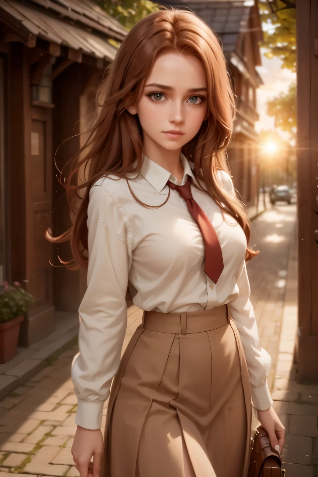 a beautiful girl with fiery red hair, piercing golden eyes, gorgeous detailed face, long eyelashes, portrait, detailed facial features, realistic, photorealistic, 8k, best quality, masterpiece, extremely detailed, high quality, fantasy, anime, magical girl,  tree, sky, outdoors, skirt, cloud, sunset, lens, flare, scenery,school, uniform, sun, wind, long, sleeves,