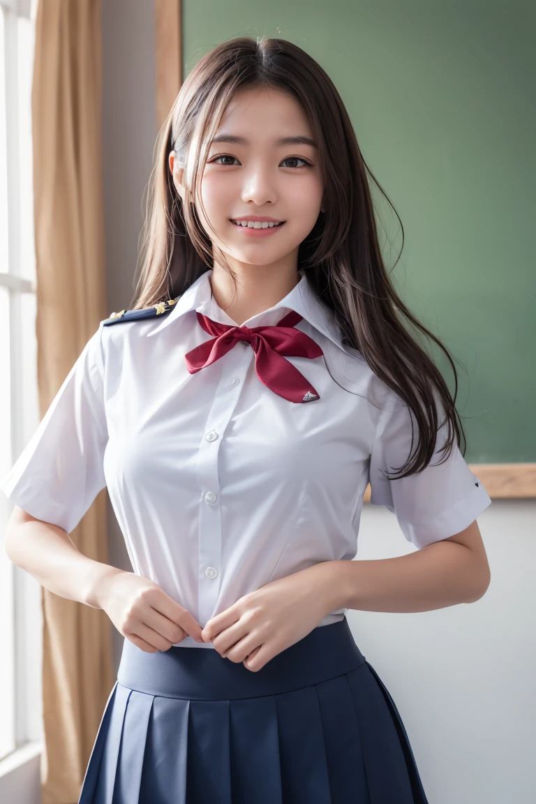 ((school uniform)),ribbon at neck,(school uniform and ((navy skirt)) and white shirt:1.1), Skin color, big , smile, (8k, RAW Photos, Highest quality, masterpiece:1.2), masterpiece, super detailed, super high quality, (Realistic and Realistic photography:1. 37), High-resolution RAW color photos, Very delicate and beautiful, highly detailed, 8k壁紙, wonderful, detailed, Very eye, very detailed, very detailed skin, very thin fingers, very detailed nose, very detailed mouth, Perfect Anatomy, Upper Body, studio, Soft lighting, A full-body shot of a cute idol wearing a one-piece swimsuit, Playful pose, Hands on hips, smile, Pastel Background, Realistic, Attention to detail, studio photography