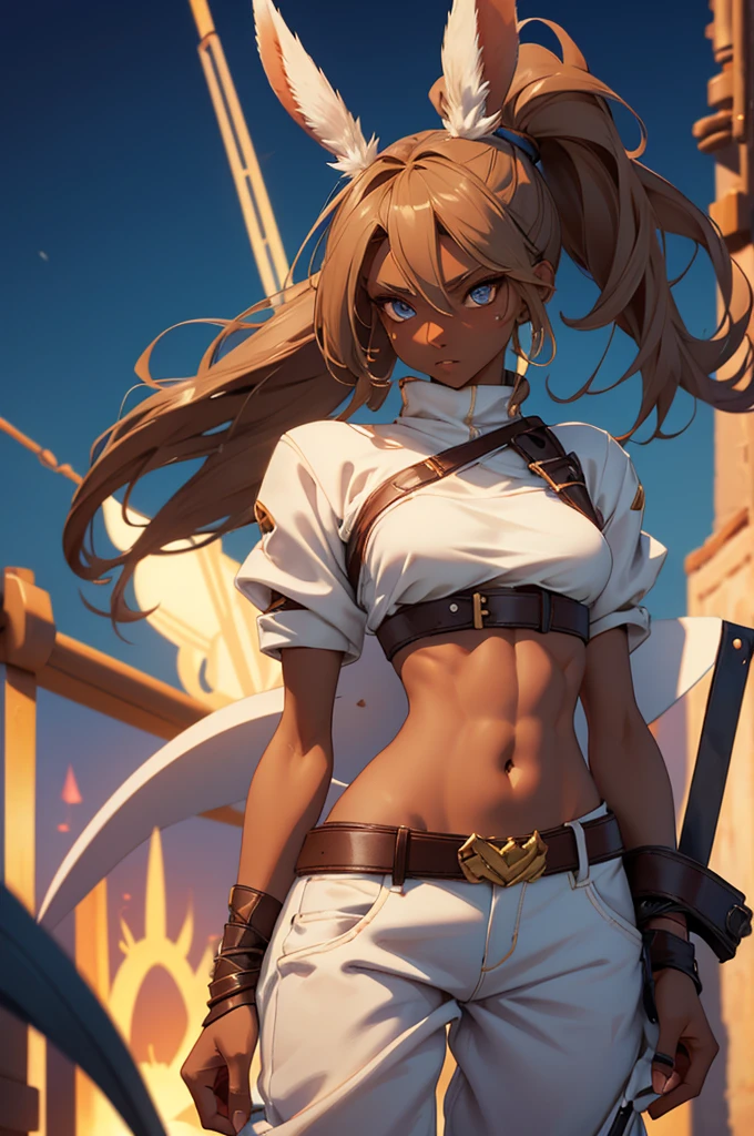 Bunny woman, rabbit woman, baggy pants, belt, blue eyes, tan skinned female, tanned, tan skin, dark skin, long pony tail, light brown hair, midriff, arm wraps,