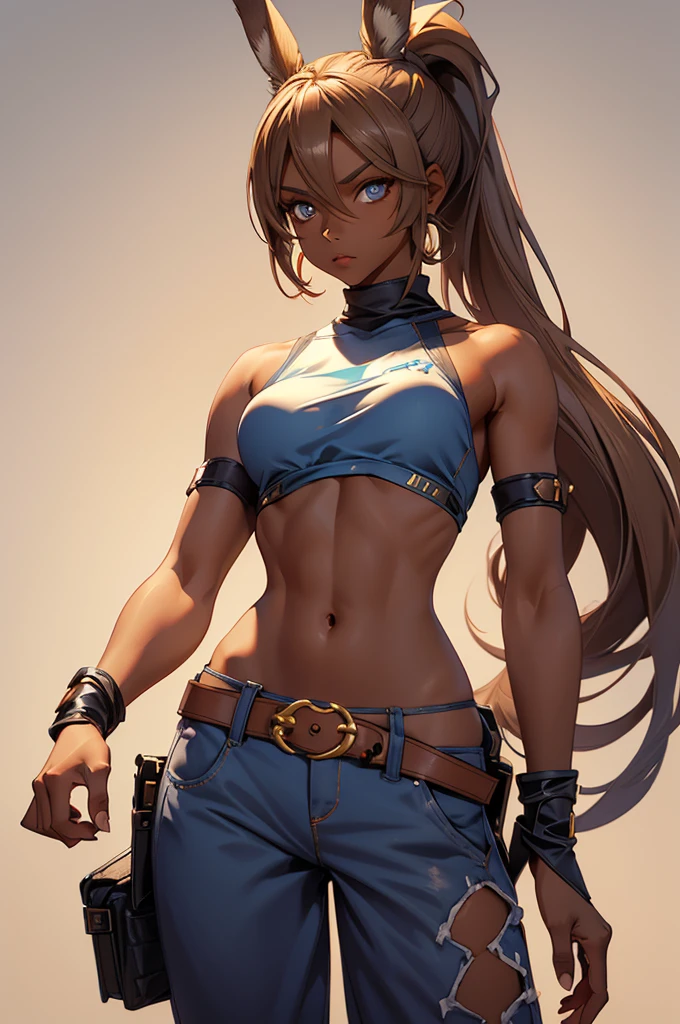 Bunny woman, rabbit woman, baggy pants, belt, blue eyes, tan skinned female, tanned, tan skin, dark skin, long pony tail, light brown hair, midriff, arm wraps,