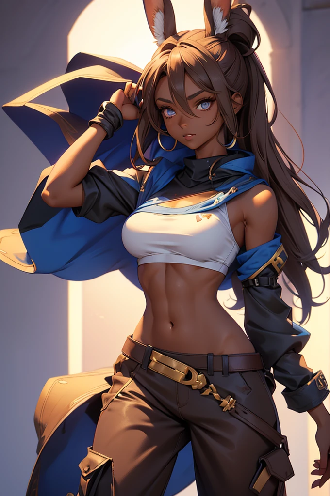 Bunny woman, rabbit woman, baggy pants, belt, blue eyes, tan skinned female, tanned, tan skin, dark skin, long pony tail, light brown hair, midriff, arm wraps,