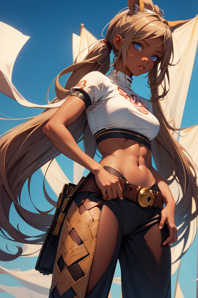 Bunny woman, rabbit woman, baggy pants, belt, blue eyes, tan skinned female, tanned, tan skin, dark skin, long pony tail, light brown hair, midriff, arm wraps,