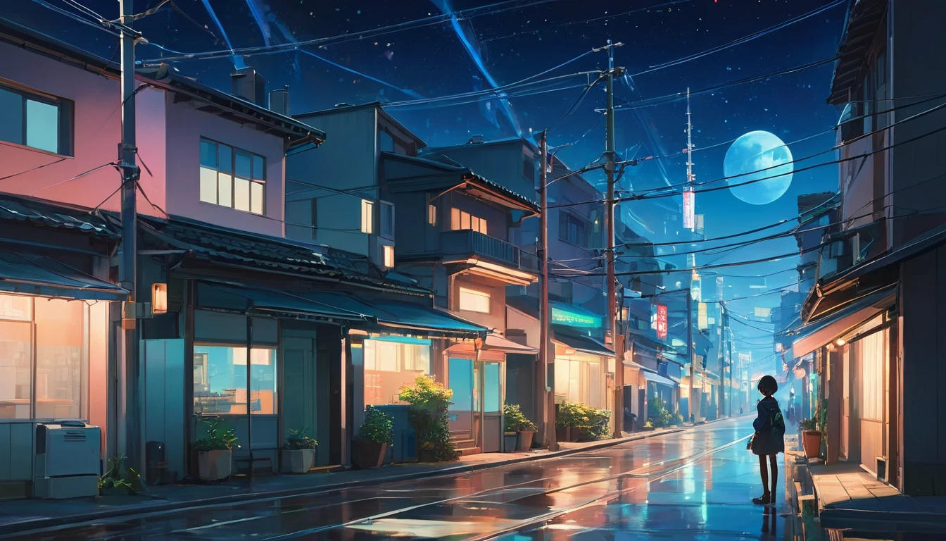 Neon cityscape, Quiet streets and a starry sky, Anime Style ((Makoto Shinkai)), Makoto Shinkai&#3 background Full HD Anime, Conceptual artwork, tumbler, magical realism, Cute Anime, Full HD Anime