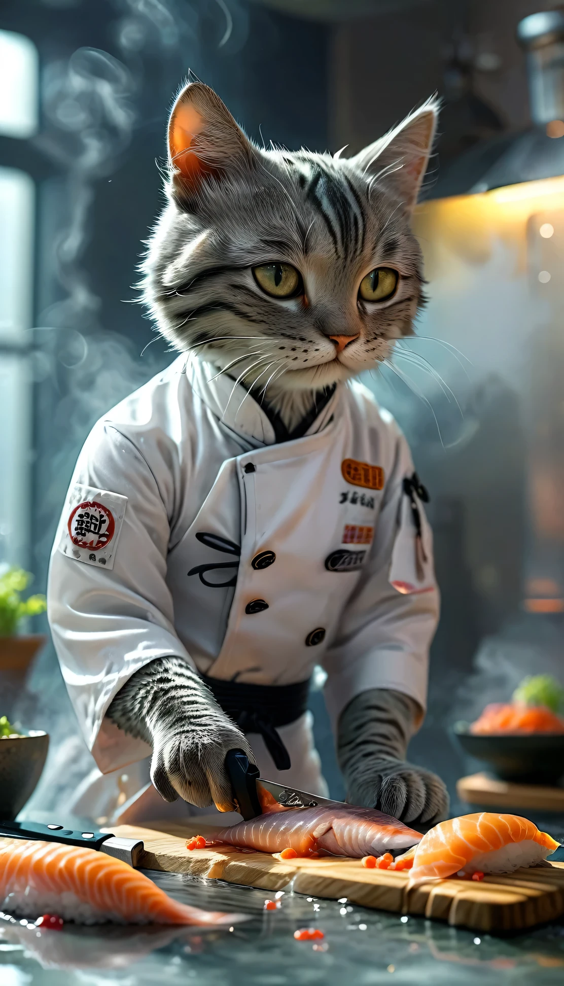 foto em close (Gato Tabby Cinza, Sushi Chef:1.2) (Cortando peixe com uma faca na mesa:1.2), (maneiras:1.3), Glasstech Cozinha, Ultra-realistic, detalhes intrincados, (enevoado:1.1), vista de baixo