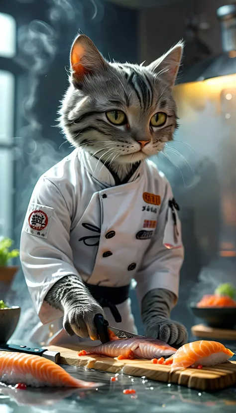 Close-up photo (Gray sushi chef tabby cat:1.2) (Cutting fish with a knife on the table:1.2), (manner:1.3), Glasstech Kitchen, Ul...