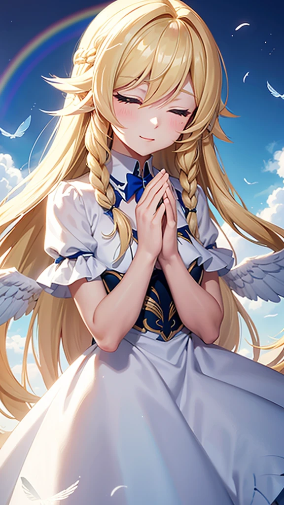 Seraph Raphael,long hairstyles,blonde,eyes closed,join hands,big rainbow,blue sky,Feathers are fluttering