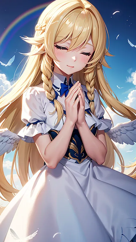 Seraph Raphael,long hairstyles,blonde,eyes closed,join hands,big rainbow,blue sky,Feathers are fluttering