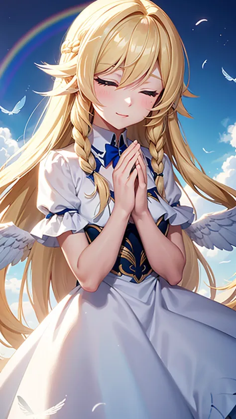 seraph raphael,long hairstyles,blonde,eyes closed,join hands,big rainbow,blue sky,feathers are fluttering