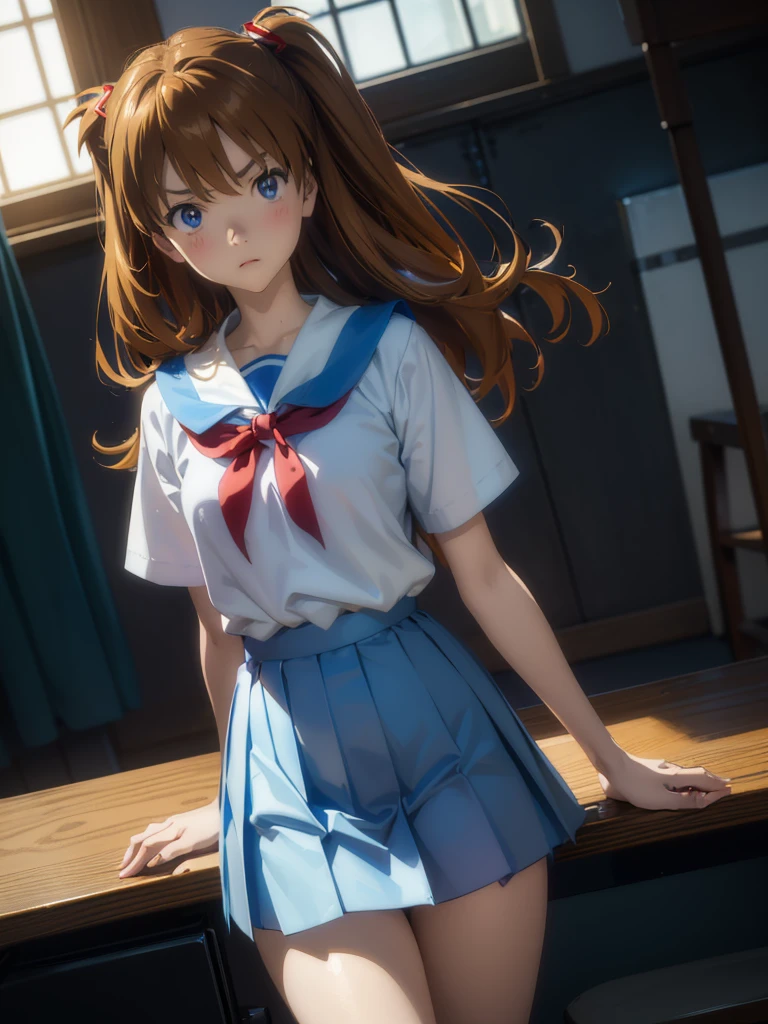 Sugar Angle, Soryu Asuka Langley, (Soryu Asuka Langley:1.2), Long Hair, bangs, blue eyes, Brown Hair, hair ornaments, break skirt, shirt, ribbon, , white shirt, Short sleeve, Blue Skirt, clock, wristclock, (Tokyo 3rd Junior High School Uniform:1.5), break indoors, classroom, break looking at viewer, (Cowboy Shot:1.5), break (masterpiece:1.2), Highest quality, High resolution, unity 8k wallpaper, (figure:0.8), (Beautiful attention to detail:1.6), Highly detailed face, Perfect lighting, Highly detailed CG, (Perfect hands, Perfect Anatomy),(panty shot1.5)(nsfw1.5)