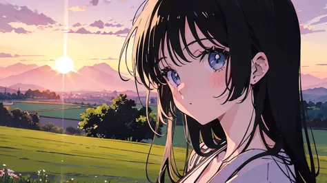 1 girl, 80s anime style, summer countryside landscape, sunset outside、beautiful black hair girl、retro, lo-fi、evening、sunset