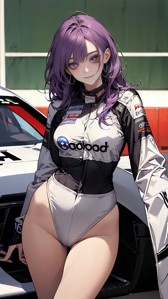 ((best quality)), ((masterpiece)), (detailed), perfect face, ((Best quality, 8k, Masterpiece: 1.3)), Sharp focus A beautiful woman with perfect body, Slim abdomen, Highly detailed face and skin texture, Detailed eyes, Double eyelid, smile, purple hair, earrings, Race queen, FI circuit, background (FI car), Race Queen Costume