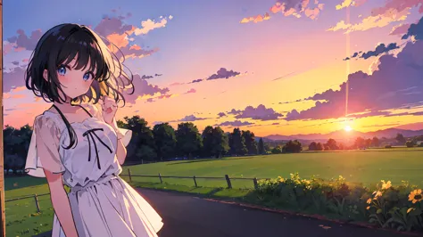 1 girl, 80s anime style, summer countryside landscape, sunset outside、beautiful black hair girl、retro, lo-fi、evening、sunset