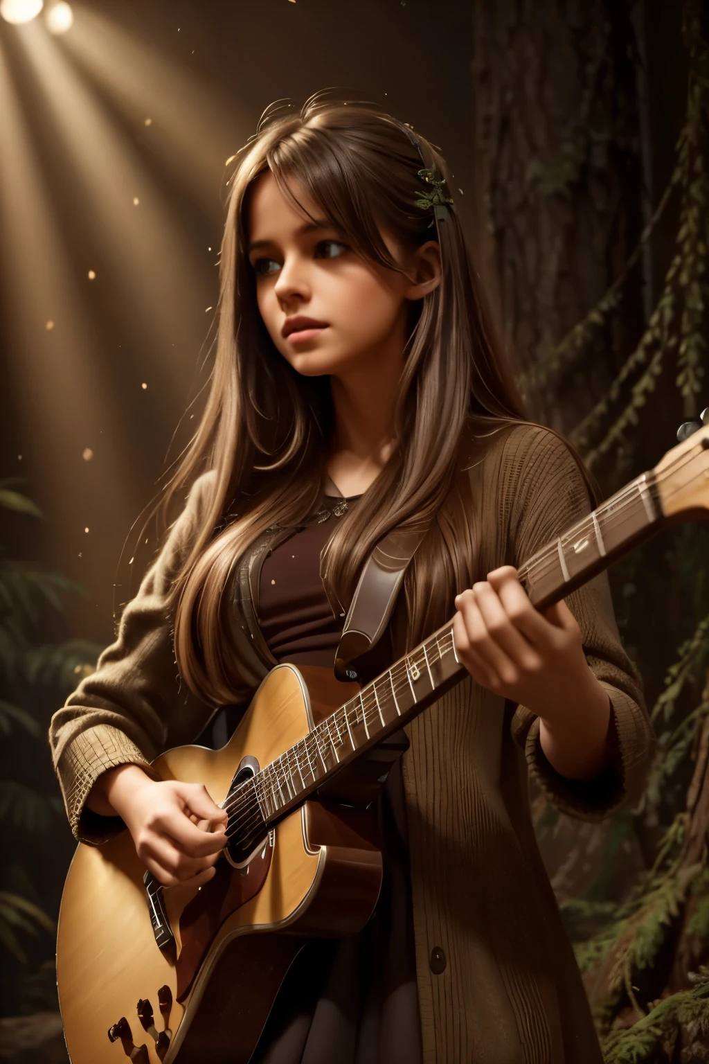 Create an awe-inspiring digital artwork that captures the serene beauty of an ancient forest at twilight. The scene should feature towering trees bathed in soft, golden light filtering through the foliage, casting gentle shadows on the lush undergrowth. a girl playing electric guitar,beautiful detailed eyes,beautiful detailed lips,extremely detailed eyes and face,longeyelashes,solo musician,electric guitar,rock music,stage performance,dramatic lighting,dark background,cinematic,photorealistic,studio lighting,8k,best quality,masterpiece,ultra-detailed,vibrant colors,dramatic shadows, The image should evoke a sense of tranquility and wonder, inviting viewers to immerse themselves in the enchanting realm of nature.