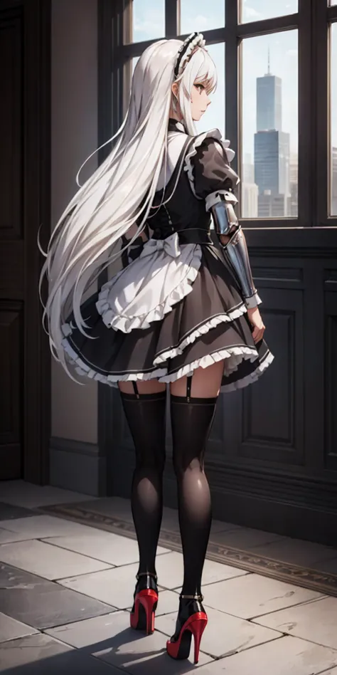 female, standing, right, long_hair, disordered_hair, white_hair, maid in armor, metallic high heels