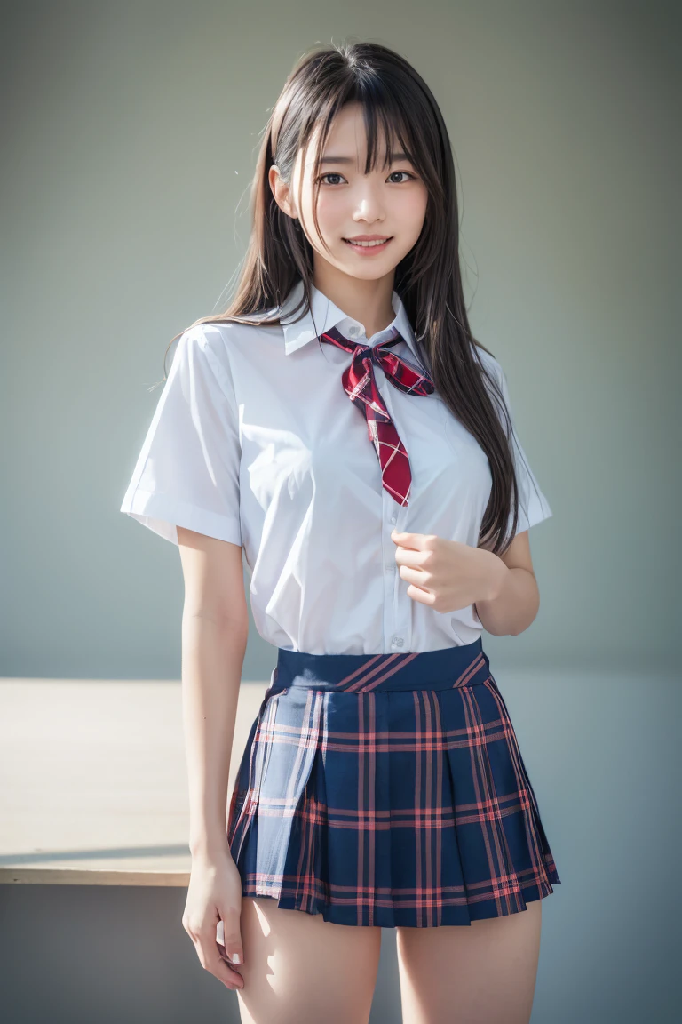 ((school uniform)),ribbon at neck,(school uniform and ((Plaid navy skirt)) and white shirt:1.1), Skin color, big , smile, (8k, RAW Photos, Highest quality, masterpiece:1.2), masterpiece, super detailed, super high quality, (Realistic and Realistic photography:1. 37), High-resolution RAW color photos, Very delicate and beautiful, highly detailed, 8k壁紙, wonderful, detailed, Very eye, very detailed, very detailed skin, very thin fingers, very detailed nose, very detailed mouth, Perfect Anatomy, Upper Body, studio, Soft lighting, A full-body shot of a cute idol wearing a one-piece swimsuit, Playful pose, Hands on hips, smile, Pastel Background, Realistic, Attention to detail, studio photography