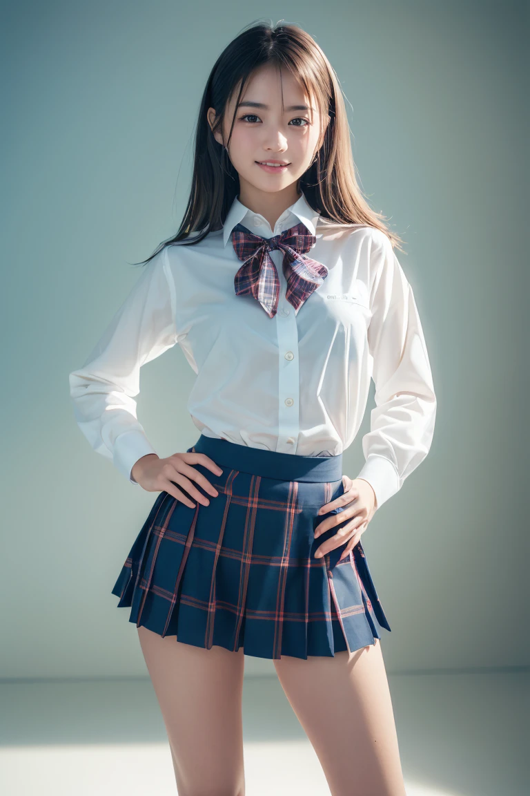 ((school uniform)),ribbon at neck,(school uniform and ((Plaid navy skirt)) and white shirt:1.1), Skin color, big , smile, (8k, RAW Photos, Highest quality, masterpiece:1.2), masterpiece, super detailed, super high quality, (Realistic and Realistic photography:1. 37), High-resolution RAW color photos, Very delicate and beautiful, highly detailed, 8k壁紙, wonderful, detailed, Very eye, very detailed, very detailed skin, very thin fingers, very detailed nose, very detailed mouth, Perfect Anatomy, Upper Body, studio, Soft lighting, A full-body shot of a cute idol wearing a one-piece swimsuit, Playful pose, Hands on hips, smile, Pastel Background, Realistic, Attention to detail, studio photography