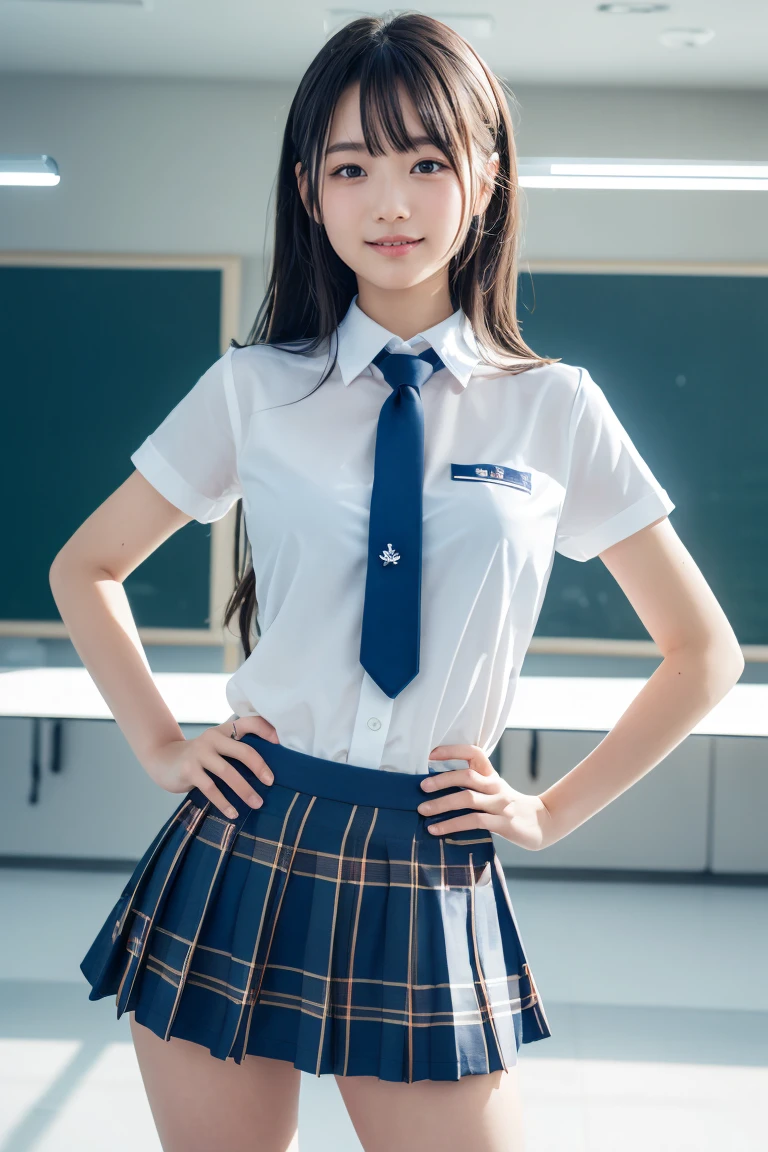 ((school uniform)),ribbon at neck,(school uniform and ((Plaid navy skirt)) and white shirt:1.1), Skin color, big , smile, (8k, RAW Photos, Highest quality, masterpiece:1.2), masterpiece, super detailed, super high quality, (Realistic and Realistic photography:1. 37), High-resolution RAW color photos, Very delicate and beautiful, highly detailed, 8k壁紙, wonderful, detailed, Very eye, very detailed, very detailed skin, very thin fingers, very detailed nose, very detailed mouth, Perfect Anatomy, Upper Body, studio, Soft lighting, A full-body shot of a cute idol wearing a one-piece swimsuit, Playful pose, Hands on hips, smile, Pastel Background, Realistic, Attention to detail, studio photography