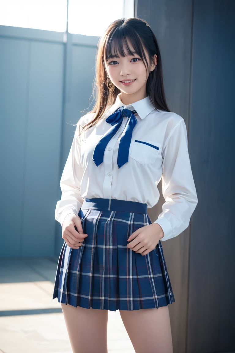 ((school uniform)),ribbon at neck,(school uniform and ((Plaid navy skirt)) and white shirt:1.1), Skin color, big , smile, (8k, RAW Photos, Highest quality, masterpiece:1.2), masterpiece, super detailed, super high quality, (Realistic and Realistic photography:1. 37), High-resolution RAW color photos, Very delicate and beautiful, highly detailed, 8k壁紙, wonderful, detailed, Very eye, very detailed, very detailed skin, very thin fingers, very detailed nose, very detailed mouth, Perfect Anatomy, Upper Body, studio, Soft lighting, A full-body shot of a cute idol wearing a one-piece swimsuit, Playful pose, Hands on hips, smile, Pastel Background, Realistic, Attention to detail, studio photography