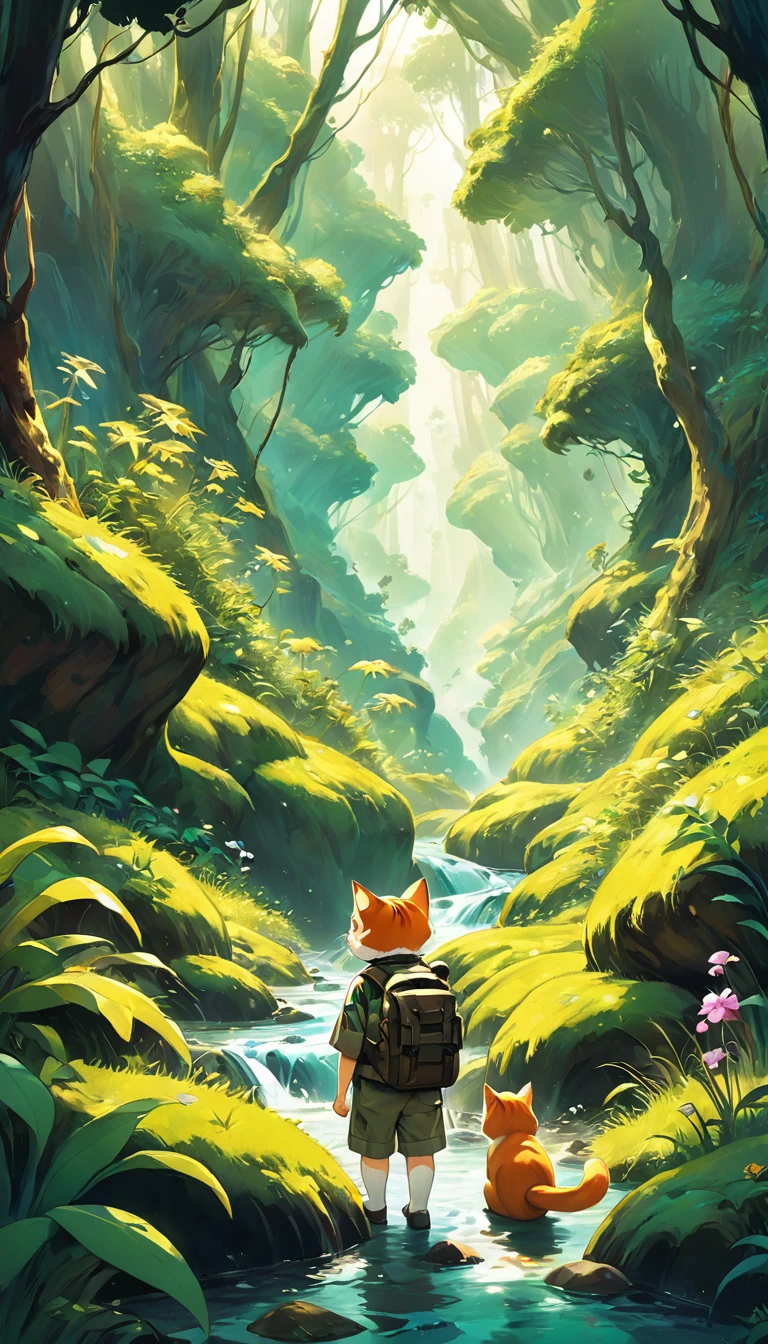 Cartoon dog and a boy wearing adventure camouflage uniforms with backpacks and binoculars standing in the deep mountain jungle, Beautiful light and shadow in deep forest exploration, Strange flowers, exotic grasses, mountain streams, Ghibli art style, Studio Ghibli illustrations, studio Ghibli art style, very beautiful cute , Ghibli art style, Lovely digital painting, Ghibli inspiration, Studio Ghibli Art, Hayao Miyazaki, cute anime , Realistic anime cat, Orange cat