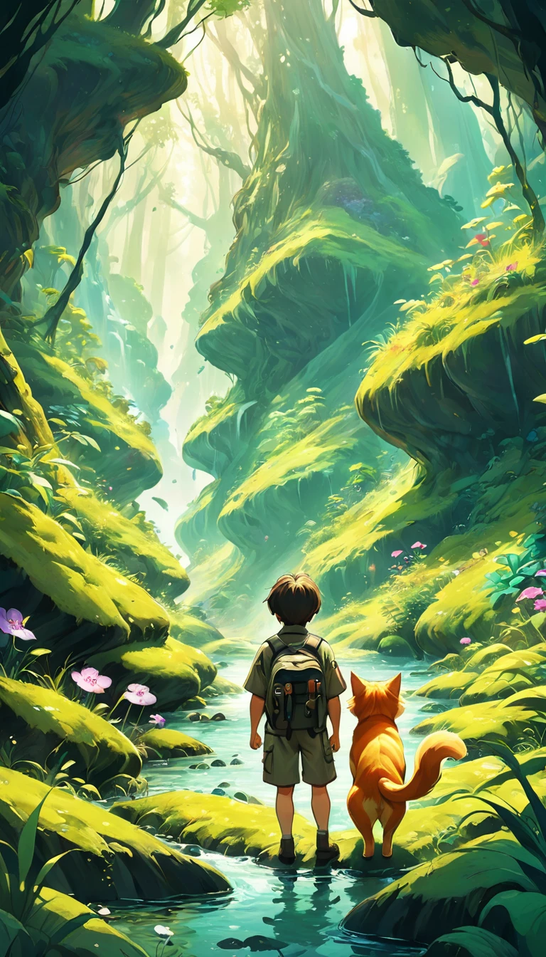 Cartoon dog and a boy wearing adventure camouflage uniforms with backpacks and binoculars standing in the deep mountain jungle, Beautiful light and shadow in deep forest exploration, Strange flowers, exotic grasses, mountain streams, Ghibli art style, Studio Ghibli illustrations, studio Ghibli art style, very beautiful cute , Ghibli art style, Lovely digital painting, Ghibli inspiration, Studio Ghibli Art, Hayao Miyazaki, cute anime , Realistic anime cat, Orange cat